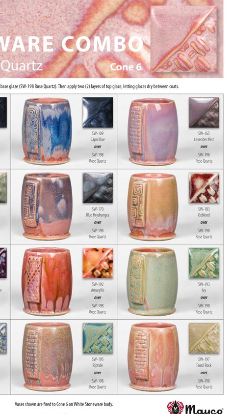 Mayco Rose Quartz Cone 6 Glaze Combos Mayco Crystal Glaze, Mayco Glaze Rose Quartz, Amaco Glaze Combos, Mayco Glaze Combinations Cone 6, Mayco Combinations, Amaco Combinations, Glaze Inspiration, Mayco Glaze, Pretty Objects