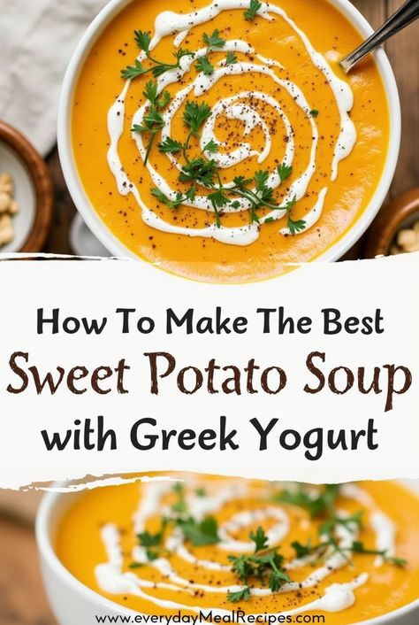 🍲 Warm, Creamy & Nutritious! This Sweet Potato Soup with Greek Yogurt is the perfect cozy lunch recipe! 🥄 Made with wholesome ingredients, it’s rich, velvety, and packed with flavor—a healthy and satisfying meal for any day. 🌿✨

🥕 Easy to make
🧄 Full of nutrients
🍽️ Perfect for meal prep

Swipe for the full recipe and step-by-step instructions! Don’t forget to save this pin for later and visit www.everydaymealrecipes.com for more delicious meal ideas! ❤️ #SweetPotatoSoup #HealthyLunch #EasyRecipes #SoupSeason #Foodie Soup With Greek Yogurt, Best Sweet Potato, Lunch Recipe, Sweet Potato Soup, Soup Season, Vegetarian Soup, Vegetarian Dinner, Potato Soup, Vegetable Soup