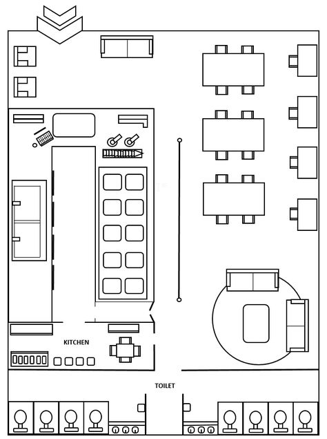 Canteen Layout Plan, Cafe Counter Layout Plan, Small Cafeteria Design Ideas, 2 Story Cafe Layout, Bakery Layout Floor Plans Bloxburg, Bloxburg Layout Restaurant, Coffee Shop Plans Architecture, Ice Cream Shop Layout Plan, Coffee Shop Layout Design