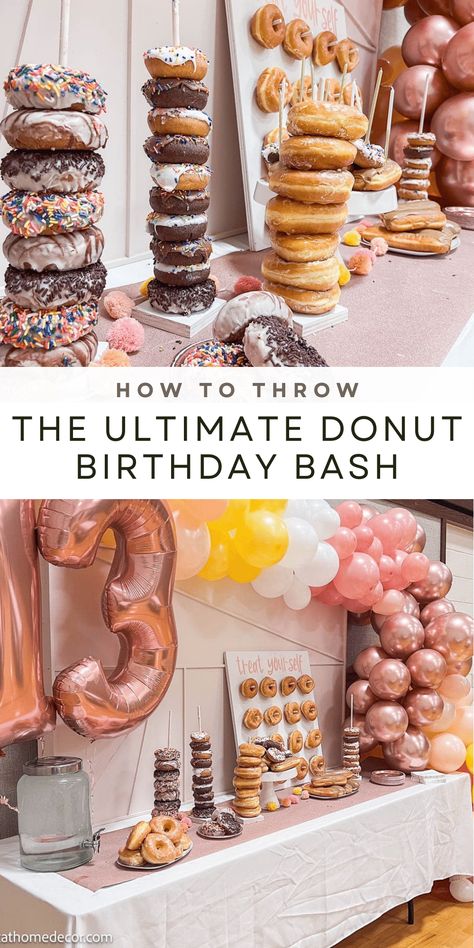 Celebrate in style with these donut birthday party ideas that all the kids will love. Get ideas for cute decor, treats and activities. Donut Birthday Table Set Up, Donut Holes Party, Doughnut Party Decorations, Cake Donut Ideas, Birthday Donut Tower, Donuts Birthday Party Ideas, Donut Birthday Cake Ideas, Birthday Donut Wall, Donut Birthday Party Food