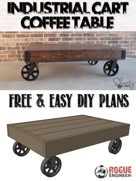 Industrial Cart Coffee Table | Free DIY Plans | rogueengineer.com #DIYcoffeetables #DIYplans Industrial Diy Decoration, Industrial Diy Decoration Ideas, Factory Cart, Diy Industrial Furniture, Industrial Cart, Coffee Table With Wheels, Table With Wheels, Cart Coffee Table, Industrial Diy