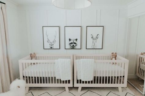 Small Space Twin Nursery, Twin Bassinet Ideas, Two Cribs One Room, Twin Baby Nursery Ideas, Twin Nursery Ideas Small Spaces, Twin Nursery Layout, Nursery Ideas For Twins, Twin Nursery Boy And Girl, Small Twin Nursery