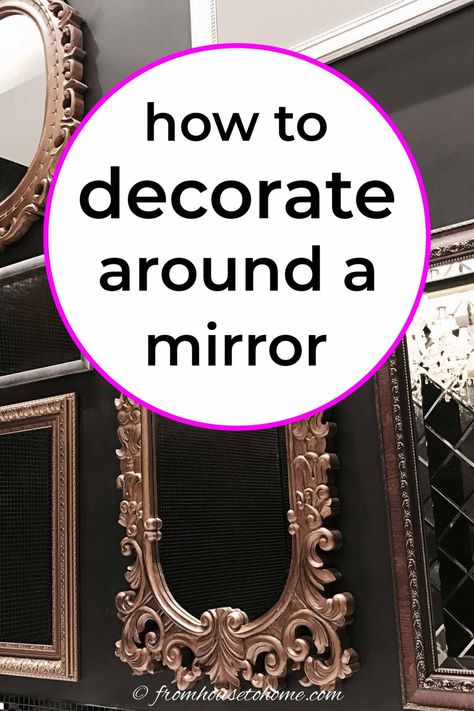 how to decorate around a mirror Mirrors And Pictures On Wall, Plain Mirror Makeover Diy, Mirror And Art Gallery Wall, Mirror Wall Collage Ideas, Gallery Wall With A Mirror, Mirror And Pictures On Wall, How To Decorate A Plain Mirror, Picture Wall Ideas With Mirror, Where To Hang Mirrors In House