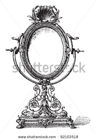 Old mirror / vintage illustration from Meyers Konversations-Lexikon 1897 by Hein Nouwens, via ShutterStock Mirror Drawing, Mirror Drawings, Mirror Clips, Memory Design, Old Mirrors, Clear Acrylic Stamps, Old Mirror, Mirror Vintage, Card Making Crafts