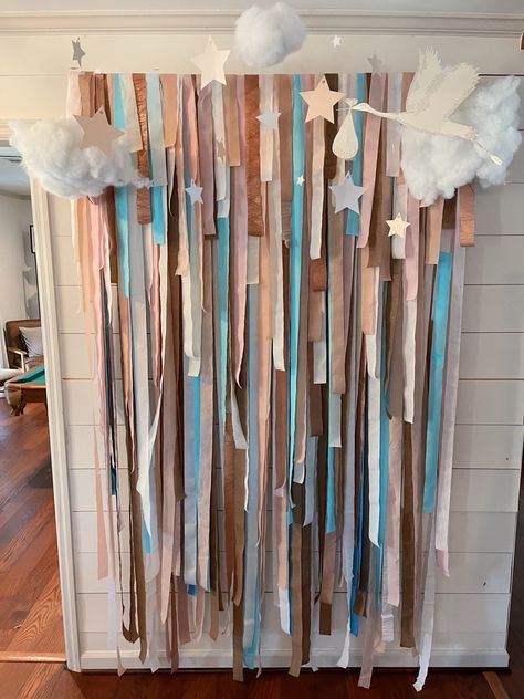 stork themed neutral and pastel fringe wall for gender reveal Minimalist Gender Reveal Decor, Gender Reveal Decorations Pastel Colors, Gender Reveal Muted Colors, Pink Blue And Beige Gender Reveal, Muted Pink And Blue Gender Reveal, Gender Reveal Decorations, Pink Boho, Gender Reveal, Baby Shower Decorations