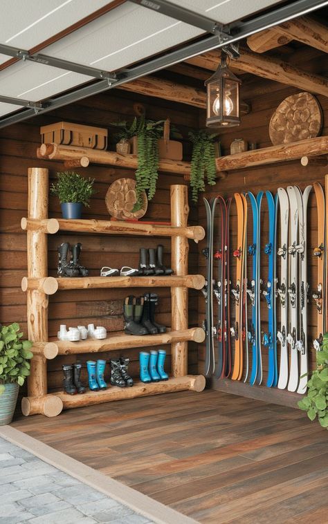 A rustic-themed garage featuring wooden ski racks and natural decor for ski gear storage. Ski Storage Ideas, Ski Gear Storage, Storage Garage Ideas, Ski Equipment Storage, Ski House Decor, Gear Room, Storage Garage, Gear Storage, Built In Bed