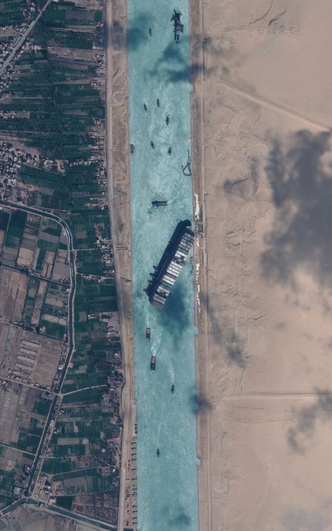 In March 2021, the Suez Canal, one of the world's busiest trade routes, was blocked for six days after the accidental grounding of Ever Given, a Golden-class container ship. Suez Canal, Container Ship, Top View, Road, Design