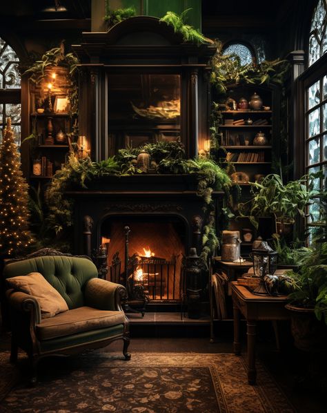 Emerald Green Victorian Living Room, Dark Green Black And Gold Living Room, Pine Green Room, Black And Green Apartment Decor, Green Gothic Decor, Wizard Living Room, Witchy Study Room, Dark Green Library, Dark Eclectic Living Room