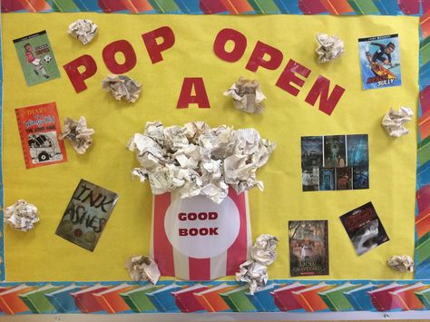 Library Bulletin Board Pop Open A Good Book I used torn pages from damaged books for popcorn. Read A Thon Decorations, Pop Into A Good Book, Get Wrapped Up In A Good Book Bulletin Board, Falling Into A Good Book Bulletin Board, Pop Open A Good Book, Movie Bulletin Boards, Scholastic Book Fair Bulletin Board, Teachers Favorite Books Bulletin Board, Movie Library Display