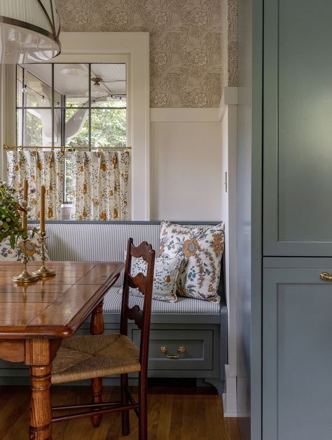 Colonial Revival Kitchen, Kitchen Dining Nook, Seattle Interior Design, Full Kitchen Remodel, Charming Kitchen, Kitchen Nook, Cafe Curtains, Built In Bench, Dining Nook