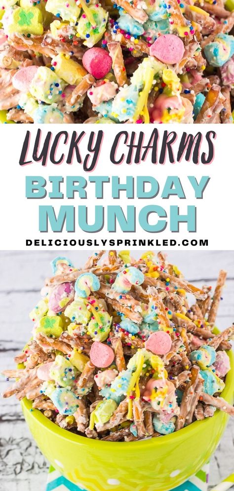 Lucky Charms Snacks, Salty Birthday Treats, Lucky Charm Marshmallow Recipes, Lucky Charms Marshmallow Treats, Lucky Charms Snack Mix Recipe, Lucky Number 7 Birthday Party, Cereal Birthday Party, Lucky 13 Birthday Party Ideas, One Lucky Charm Birthday