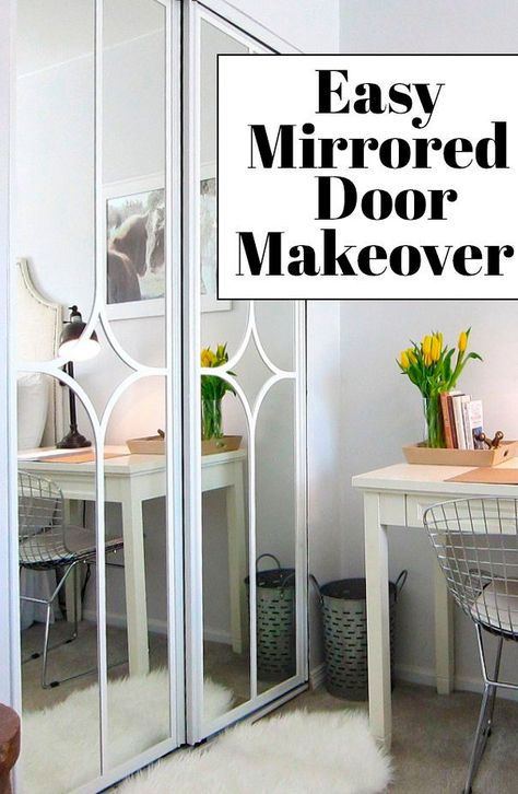 I was so tired of these outdated Mirrored Doors so I gave our closet doors a Makeover - You won't believe how easy it is! #diy #door #homedecor Mirrored Closet Door Makeover, Door Mirror Ideas, Mirrored Closet, Mirrored Wardrobe Doors, Sliding Mirror Closet Doors, Folding Closet Doors, Closet Mirror, Glass Closet Doors, Closet Door Makeover