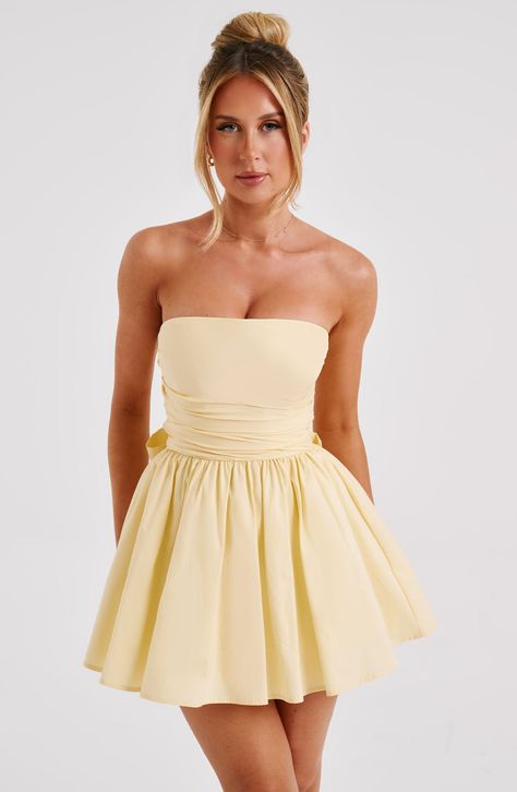 Katrina Mini Dress - Lemon – Babyboo Fashion Hoco Dress With Bow, Pale Yellow Dress, Mini Corset Dress, Cute Yellow Dresses, Short Yellow Dress, Homecoming Dresses Corset, Off The Shoulder Mini Dress, Corset Design, Voluminous Skirt