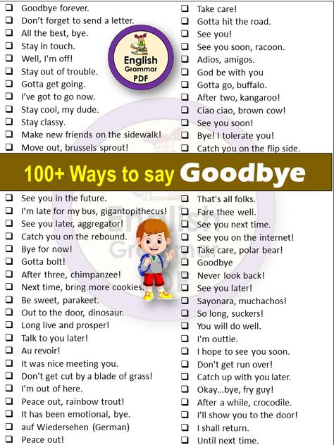 Other ways to say good bye. There is a list of more than 100 other different ways to say bye someone. You can Improve your vocabulary by using these vocabulary words in your conversation. You can download Pdf of this… Ways To Say Bye, How To Say Bye Without Saying Bye, Good Bye, English Grammar Pdf, Sms Language, Improve Your Vocabulary, Other Ways To Say, Conversational English, Good Vocabulary