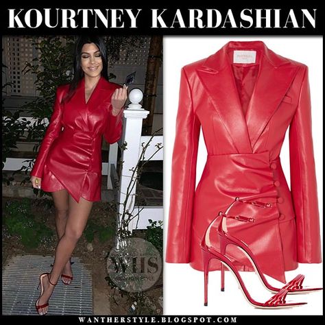 Kourtney Kardashian in red faux leather blazer dress #celebrity #fashion #style #look #nightout #date #outfit #inspiration #sandals Red Blazer Dress Outfit, Leather Dress Outfit Night, Red Blazer Dress, Red Leather Dress, Leather Dress Outfit, Leather Blazer, Leather Dress, Kourtney Kardashian, Wearing Red