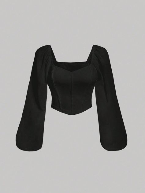 Talla grande Blusa con mangas de linterna y corsé con escote en forma de corazón Negro Casual  manga larga Tela tricotada Liso Top No-Elástico  Women Plus Clothing, size features are:Bust: ,Length: ,Sleeve Length: Black Dress Shirt Women, Black White Clothes, Black Shirt Women, Long Sleeve Corset Top, Cute Black Shirts, Black Corset Top, Lace Corset Top, Lantern Sleeved Blouses, Plus Size Corset