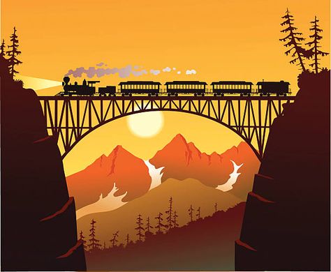 Mountain Bridge, Train Crossing, Bridge Drawing, Train Silhouette, Train Illustration, Train Drawing, Train Wall Art, Old Steam Train, Bridge Painting