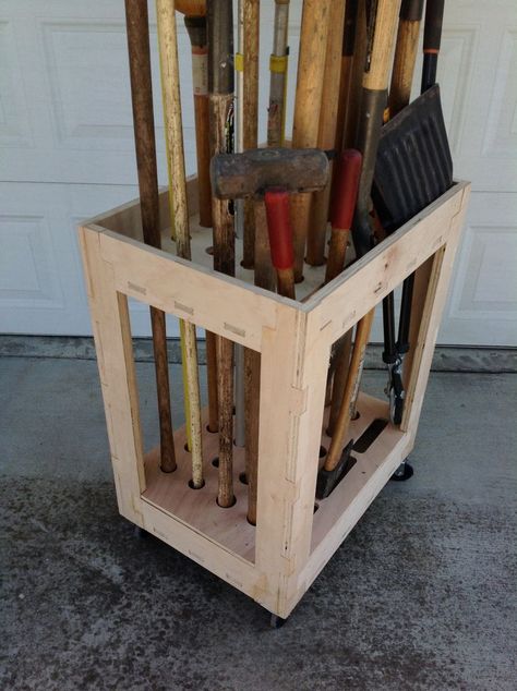 Long Tool Organizer Cart made with CNC-plywood -Brooms, Rakes, Shovels and the like #woodworking #organization #storage Cnc Plywood, Garden Tool Rack, Woodworking Organization, Organization Cart, Garden Tool Organization, Tool Rack, Woodworking Patterns, Woodworking For Kids, Garden Tool Storage