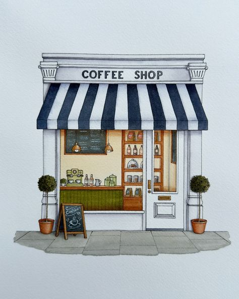 Varia Fedotova | Watercolor & Sketching | Vintage Coffee Shop in Watercolors!☕️🎨 Printable with color guide is available in my Etsy shop, link in my Bio. #art #artwork #artist... | Instagram Drawing Of Coffee Shop, Coffee House Drawing, Coffee Shop Watercolor Painting, Coffee Shop Drawing Easy, Coffee Shop Design Drawing, Coffee Bar Drawing, Coffee Shop Illustration Drawings, Coffee Shop Painting Ideas, Art Buildings Drawings