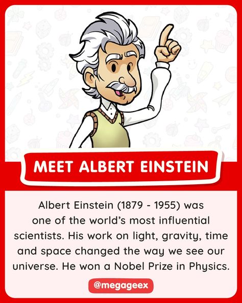 🎉 Einstein is considered the most influential scientist of all time. His theory of relativity changed and shaped the field of physics. 👏 ⁠ #megageex #funfact #scienceforkids #teachersofig #homeschool #learnthroughplay #growthmindset #funlearning #sciencemom #brainteaser #unschooling #primaryteacher #bettereducation #inspirationalactivity #inspirationforkids #learning #kidslearn #kidseducation #learningathome #teachkids #stemteacher #alberteinstein #theoryofrelativity #physics #nobelprize Albert Einstein For Kids, Albert Einstein Biography, American History Homeschool, Nobel Prize In Physics, Class Activity, Growth Mindset Quotes, Theory Of Relativity, 90s Bollywood, Historical People