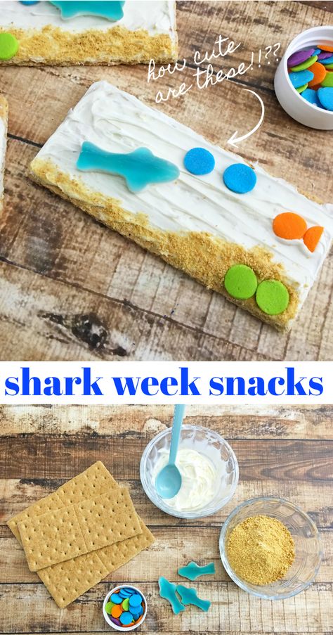 Shark Week Kids Snacks, Ocean Themed Snacks Under The Sea, Shark Treats For Kids, Kids Shark Week Activities, Shark Crafts For Adults, Shark Week For Toddlers, Shark Sensory Activities, Shark Day Activities, Shark Week Snacks For Kids