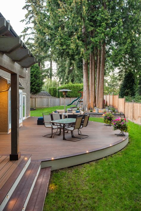 Beautiful Curved Deck that could be yours.  Get in touch.  Go to xmtconstruction.cafor more information. Patio Deck Ideas, Pergola Wood, Backyard Patio Deck, Patio Deck Designs, Pergola Design, Deck Designs Backyard, Backyard Pergola, Decks Backyard, Backyard Deck