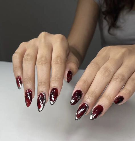 Red Sliver Nails, Prom Nails Red And Silver, Red With Silver Nails, Red Silver Nail Designs, Silver And Red Nail Designs, Red Nails And Silver, Red And Silver Nails For Prom, Silver Red Nails, Silver And Red Nails