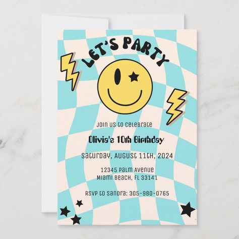 Preppy Blue Checkered Smiley Birthday Invitation Preppy Sage Green, Smiley Birthday, Smile Birthday, Blue Smile, Retro Birthday, Blue Checkered, Blue Birthday, Retro Blue, Birthday Idea