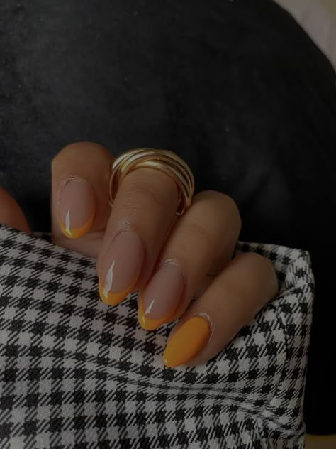 Subtle Orange Nails, Simple Mom Nails, Short Almond Nails Orange, Simple Fall Almond Nails, Short Orange French Tip Nails, French Tip And Solid Nails, Limoncello Nails, Fall Orange Nails Acrylic, Orange Nails French Tip