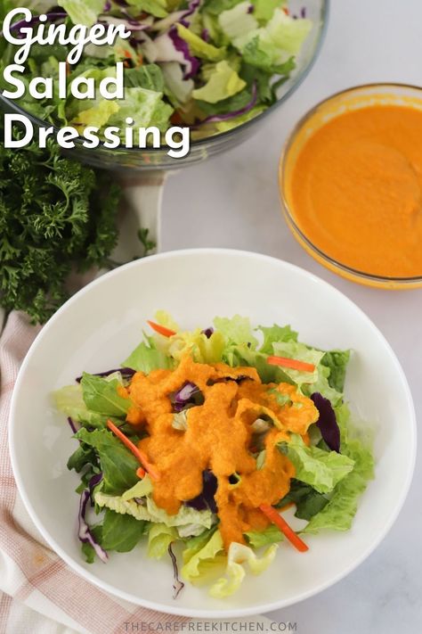 This Asian-inspired Carrot Ginger Salad dressing is creamy, fresh, sweet, and tangy. It comes together in a matter of minutes and tastes just like the Japanese ginger dressing at your favorite Japanese restaurant. Purewow Recipes, Japanese Dressing, Salad And Dressing, Homemade Dressing Recipe, Carrot Dressing, Carrot Ginger Dressing, Ginger Salad, Ginger Salad Dressings, Dressing Salad