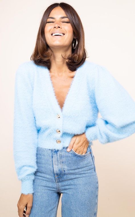 Light Blue Cardigan Outfit Winter, Baby Blue Sweater Outfit, Light Blue Cardigan Outfit, Blue Cardigan Outfit, Blue Sweater Outfit, Light Blue Cardigan, Random Outfits, Gathered Fabric, Baby Blue Sweater