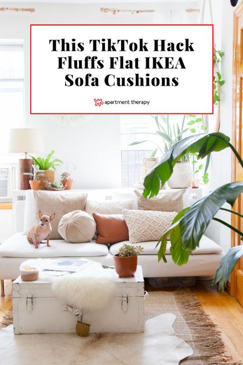 For those who like their seat cushions thick, here’s a tip for you. Maddy Olson, a content creator who specializes in DIY projects, has come up with a hack that makes flat IKEA cushions more voluptuous. Sofa Hack, Ikea Cushions, Cheap Mattress, Ikea Couch, Swedish Furniture, Ikea Sofa, Sofa Cushions, Deep Seat Cushions, Couch Cushions