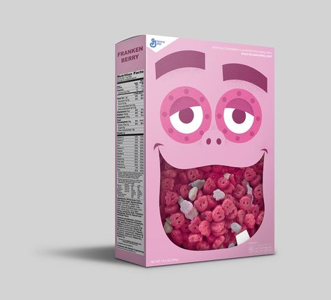 Rebrand of FrankenBerry cereal by Julie McNamara Frankenberry Cereal, Kids Package Design, Cereals Packaging Design, Unique Packaging Design, Cereal Packaging, Kids Packaging, Cereal Brands, Luxury Packaging Design, Packaging Design Trends