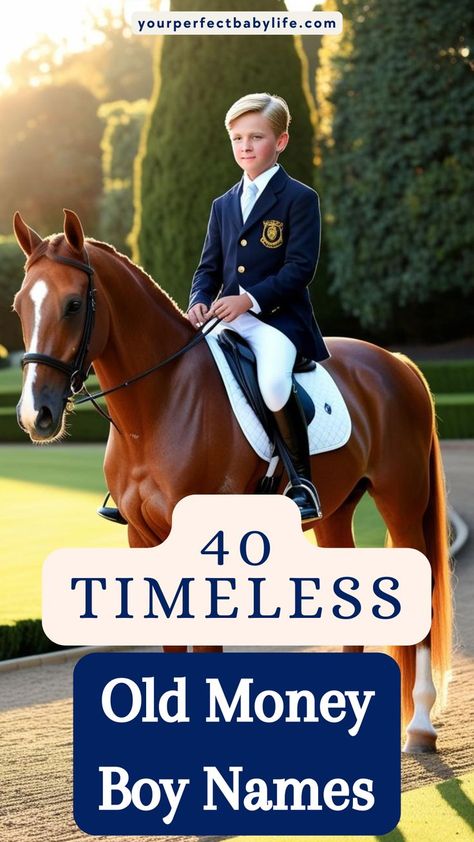 A private school boy riding a horse in a suit for an article about old money boy names Vintage Names Boy, Old Male Names, Old Boy Names Vintage, Old Fashioned Male Names, Old Money Names Boy, Old Money Baby Names, Original Boy Names, Old Money Boy Names, Classy Boy Names