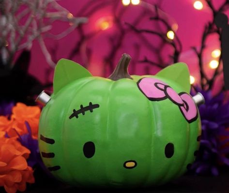 Zombie Hello Kitty Pumpkin, Halloween Pumpkins Hello Kitty, Hello Kitty Frankenstein Pumpkin, Halloween Hello Kitty Pumpkin, Hello Kitty Halloween Pumpkin, Pumpkin Painting Ideas Sanrio, Pumpkin Painting Hello Kitty, Hello Kitty Halloween Party, Sanrio Pumpkin Painting