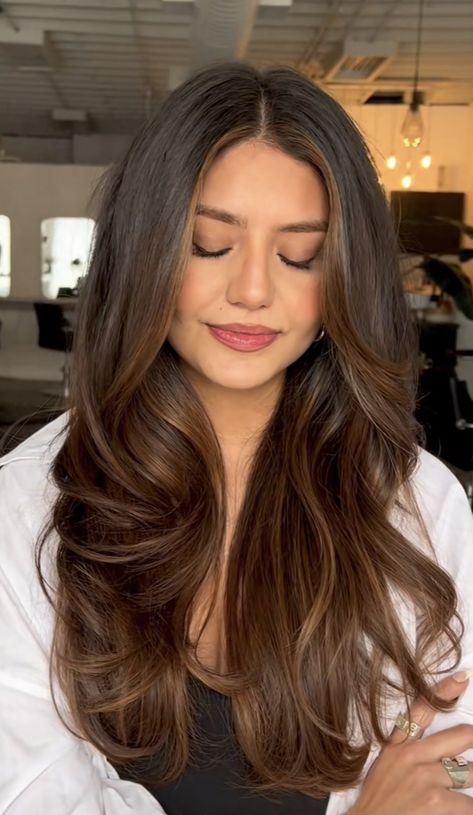 Bayalage Brunette Cool Tones, Mixed Brown Highlights, Hair Color Ideas For Deep Autumn, Money Piece Hair Tan Skin, Balayage To Dark Brown, Brown Hair Inspiration Colour, Haircut Thick Long Hair, Brunette Hair For Brown Eyes, Old Money Brown Balayage