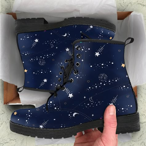 Planet and Star Sky Custom Vegan Leather Boots, Mother's Day Gifts for Her Casual Shoes   * The design of these boots is meant to look like glitter, however there is no actual glitter on this product. * All of our Men's and Women's Faux Leather Boots are custom-made-to-order and handcrafted to the highest quality standards.  * Our unique designs are second to none. When is the last time you walked into a shoe store and found affordable boots in so many different, phenomenal designs.  * When you' Space Core Shoes, Star Outfit Ideas, Doc Martens Designs, Celestial Doc Martens, Shoe Boots Moon, Cool Boots Moon, Boots With Stars, Ankle Boots Stars, Star Boots