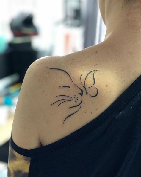 Cat Collar Bone Tattoo, Cat Shoulder Tattoo, Cat And Butterfly Tattoo, Tattoos For Cats That Passed, Cat Scratch Tattoo, Cat Tattoos For Women, Tattoos For Women Cat, Tattoo Ideas With Meaning, 5 Tattoo