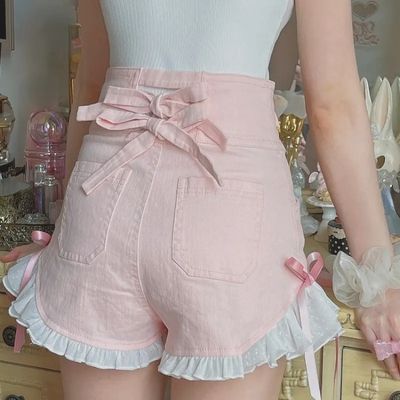 Pink Bow Ruffle High Waist Lace Shorts · TeddyLoveEve · Online Store Powered by Storenvy Summer Korean Style, Jeans Female, Lace Denim Shorts, Pink Kawaii, Denim And Lace, Kawaii Clothes, Denim Shorts Women, Feminine Look, Cute Shorts