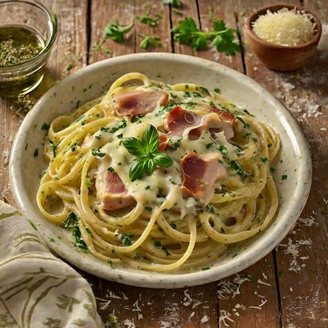 Buca Di Beppo Chicken Carbonara Recipe Bucca Di Beppo Recipes Copycat, Buca Di Beppo Recipes, Zeppole Recipe, Pork Spices, Chicken Carbonara Recipe, Chicken Pasta Dishes, Caprese Recipes, Chicken Carbonara, Eggplant Recipes Parmesan