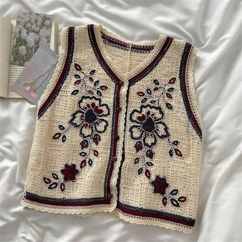 Knit Sweaters Pattern, Pattern 2023, Vintage Floral Embroidery, Waistcoat Woman, Bead Knit, Vest Designs, Crochet Fabric, Crochet Stitches For Beginners, Vest Women