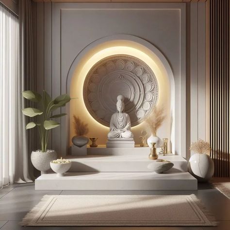 Buddha In Entrance, Zen Temple Interior, Buddhist Altar Design, Buddha Room Design Interiors, Buddha Shrine Room Design, Modern Altar Design, Minder Design, Luxury Mandir, Pooja Area Design