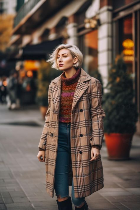 A stylish woman with short hair is seen in this image, wearing a trendy plaid overcoat. Her confident and chic outfit makes a fashion statement, while the short hair adds a touch of edginess to her overall look. The plaid overcoat adds a classic touch to her outfit, giving it a timeless appeal. This image captures the essence of modern fashion and can inspire others to experiment with their own style. Plaid Overcoat Outfit, Classic Style Essence, Overcoat Outfit, Edgy Classic Style, Plaid Overcoat, Style Essence, Edgy Classic, Women Overcoat, Chic Outfit