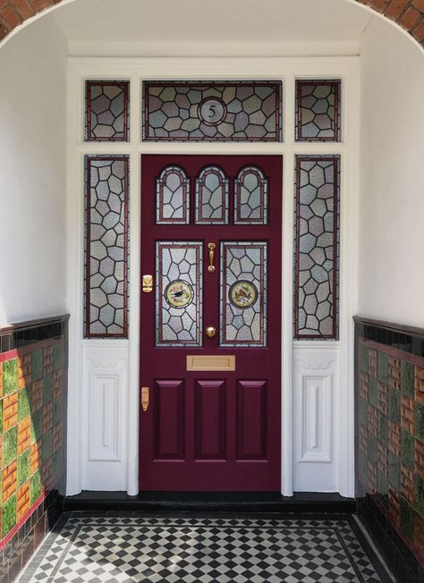 Dark Red Front Door, Victorian Front Door, Victorian Front Doors, Red Front Door, Victorian Door, Leaded Glass Windows, The Victorian Era, Door Company, Door Furniture