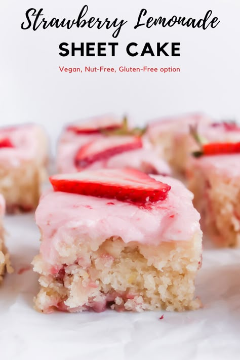 Meet my latest dessert crush. Vegan Strawberry Lemonade Cake! It is the perfect summer dessert and just screams SUNSHINE!Tart and sweet, tangy and fresh, this sheet pan cake is summer at its best. #vegancake #pinklemonade #glutenfreecake #cupcakes #summerdessert #sheetpan #sheetcake #nutfree #allergyfriendly Eggless Summer Desserts, Vegan Sheet Cake Recipe, Easy Vegan Strawberry Dessert, Summer Dessert Recipes Dairy Free, Vegan Strawberry Pound Cake, Vegan Dessert For One, Vegan Poke Cake, Vegan Cake Ideas, Gluten Free Dairy Free Summer Desserts