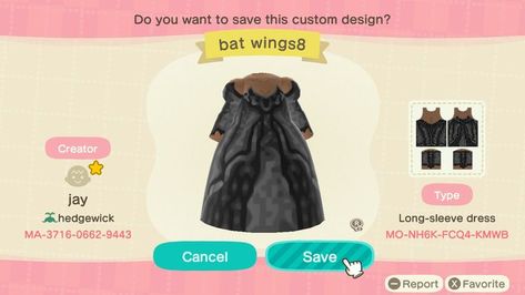 Acnh Clothes Design, Bat Wing Dress, Wing Dress, Acnh Clothes, Bat Design, Batwing Dress, Bat Wing, Bat Wings, Animal Crossing