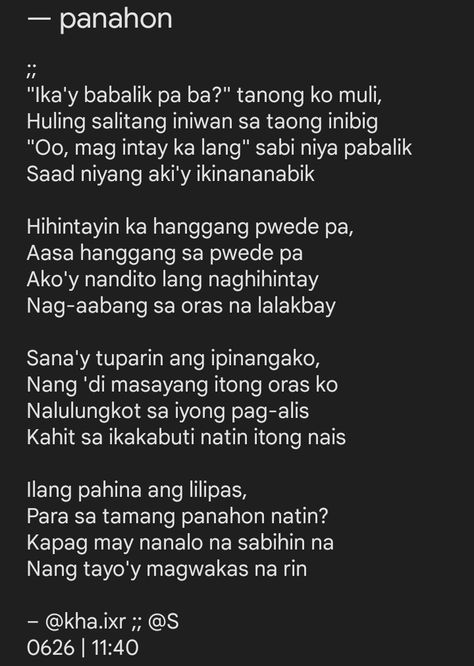 Tagalog poem, poetry, tula Deep Filipino Words With Meaning, Tagalog Poem, Filipino Poems About Love, Back To December Taylor Swift, December Taylor Swift, Karma Quotes Truths, Do Good Quotes, Write Essay, Back To December