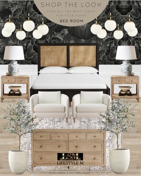 Mood board for a bed room design. Black Cane Bedroom, Black And Oak Bedroom, Dresser And Night Stand Ideas, Black White Wood Bedroom, Black And Natural Wood Bedroom, Black Cane Bed, Cane Bed Frame, Dresser Natural Wood, Millennial Interior Design