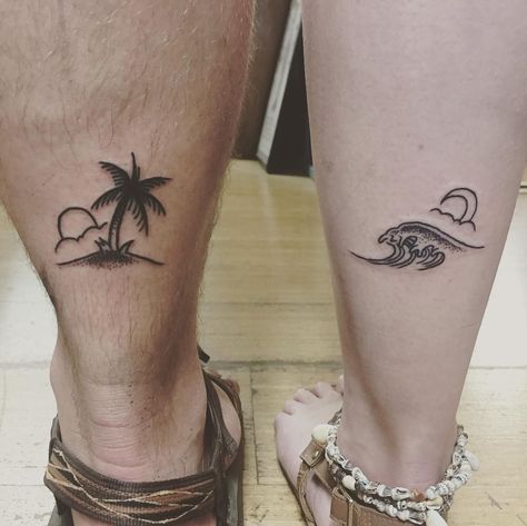 beach inspired couple tattoo © Pa'ia Tattoo Parlor 💘🌊 💘🌊 💘 Hawaiian Tattoos For Couples, Matching Beach Tattoos Couples, Couples Palm Tree Tattoo, Matching Tattoos Beach Theme, Couple Beach Tattoo Ideas, Hawaiian Couple Tattoos, Beach Couple Tattoos, Couples Beach Tattoos, Couple Tattoos Beach