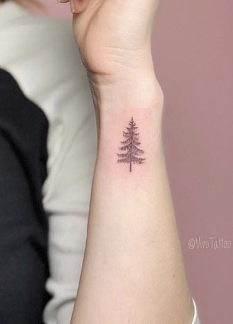 Small Evergreen Tree Tattoo, Moutain Tattoos, Tattoo Klein, Evergreen Tree Tattoo, Pine Tattoo, Small Pine Trees, Tree Tattoos, Pine Tree Tattoo, Wrist Tattoos For Women